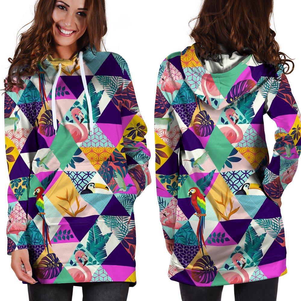Patchwork Tropical Bird Print Hoodie Dress-grizzshop