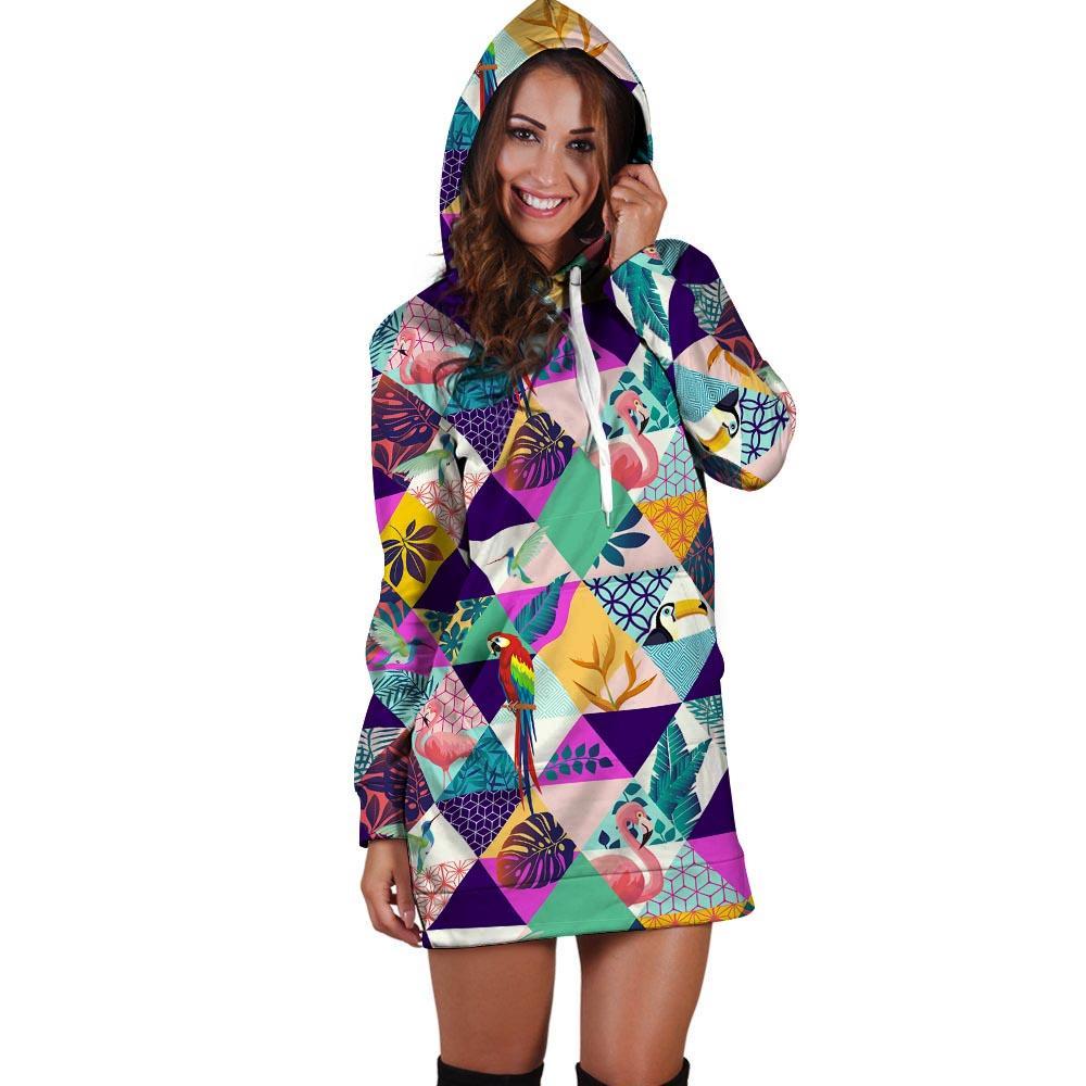 Patchwork Tropical Bird Print Hoodie Dress-grizzshop