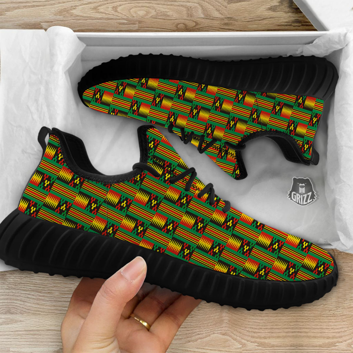 Pattern Kente Print Black Walking Shoes-grizzshop