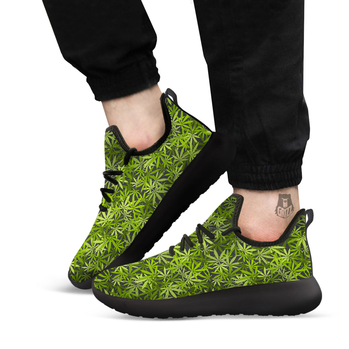 Pattern Leaf Marijuana Print Black Athletic Shoes-grizzshop