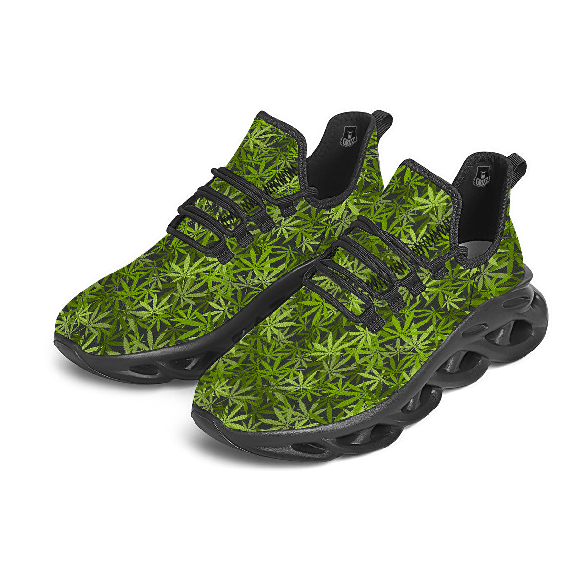 Pattern Leaf Marijuana Print Black Running Shoes-grizzshop