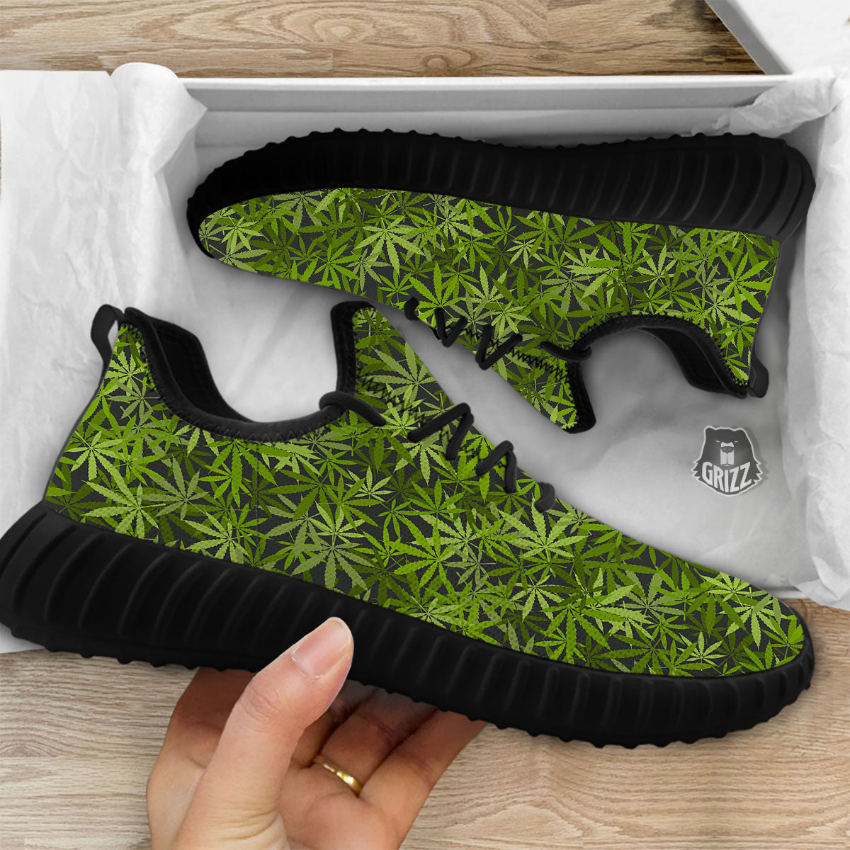 Pattern Leaf Marijuana Print Black Walking Shoes-grizzshop