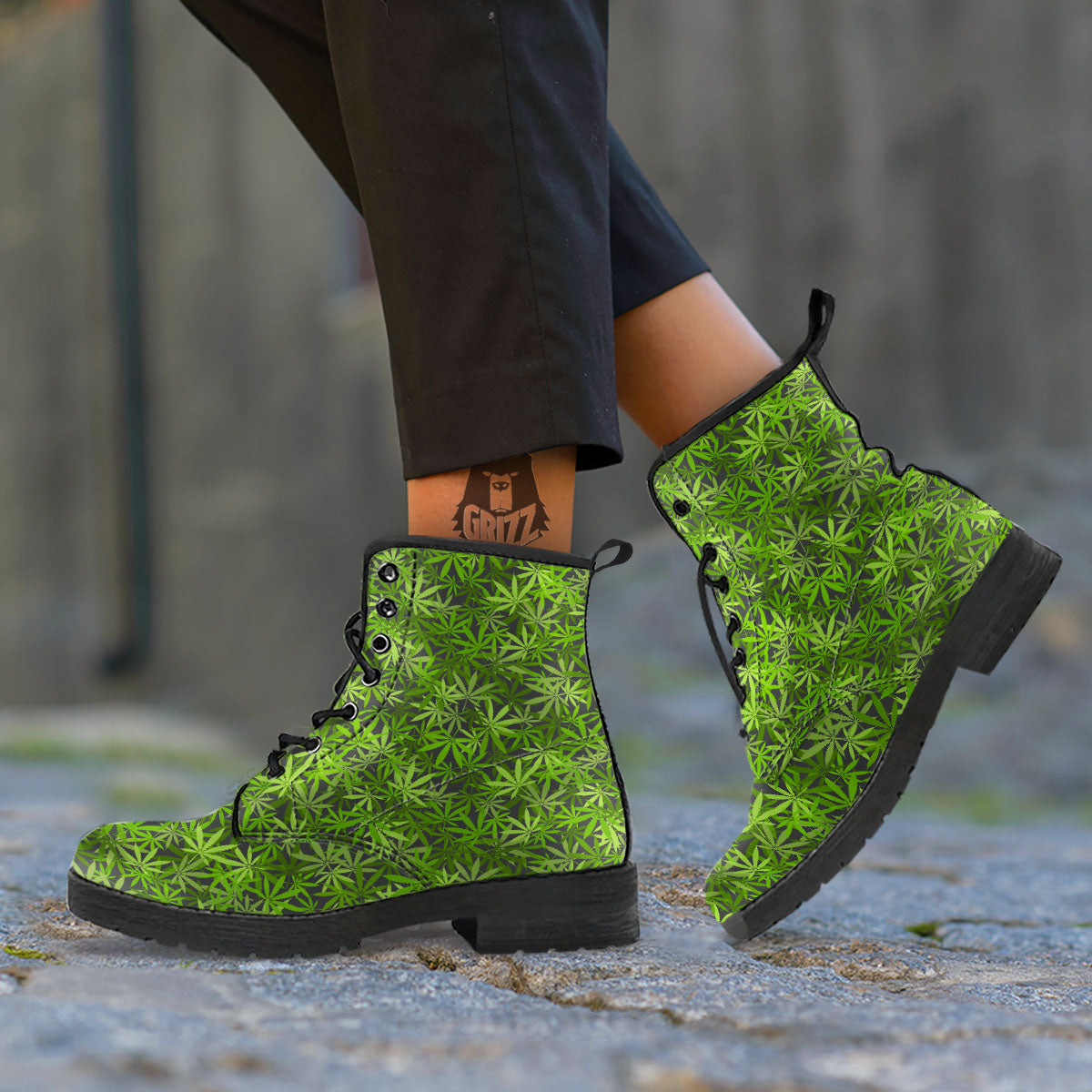 Pattern Leaf Marijuana Print Leather Boots-grizzshop