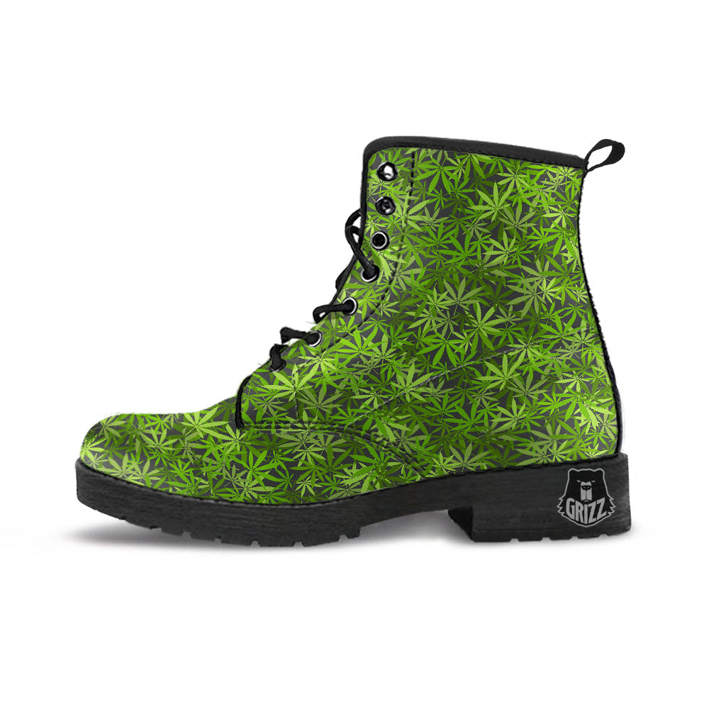 Pattern Leaf Marijuana Print Leather Boots-grizzshop