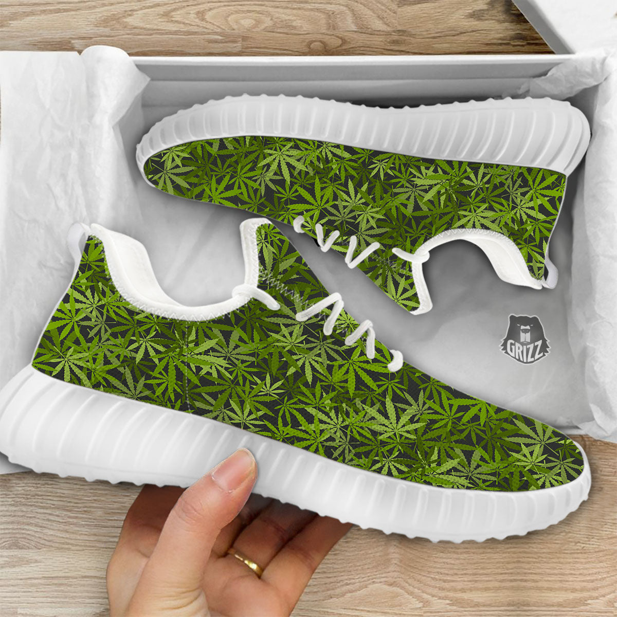 Pattern Leaf Marijuana Print White Walking Shoes-grizzshop