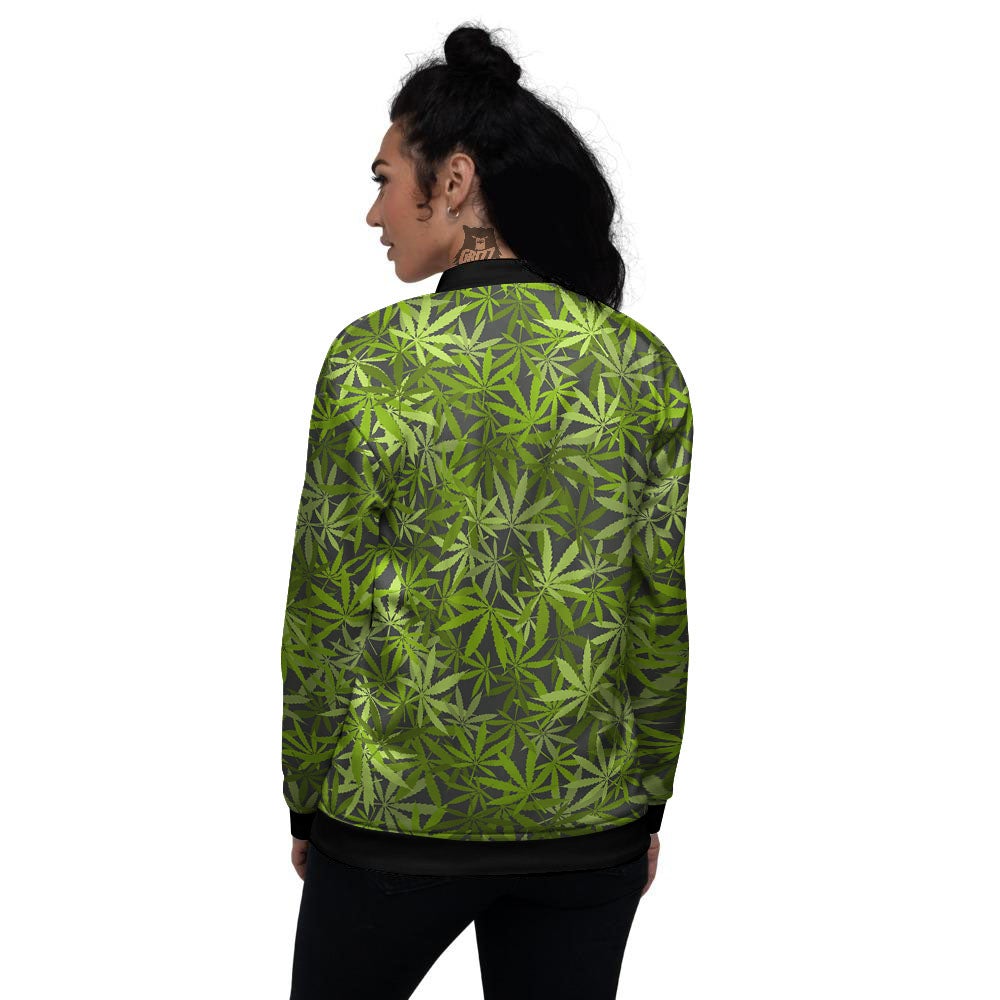 Pattern Leaf Marijuana Print Women's Bomber Jacket-grizzshop