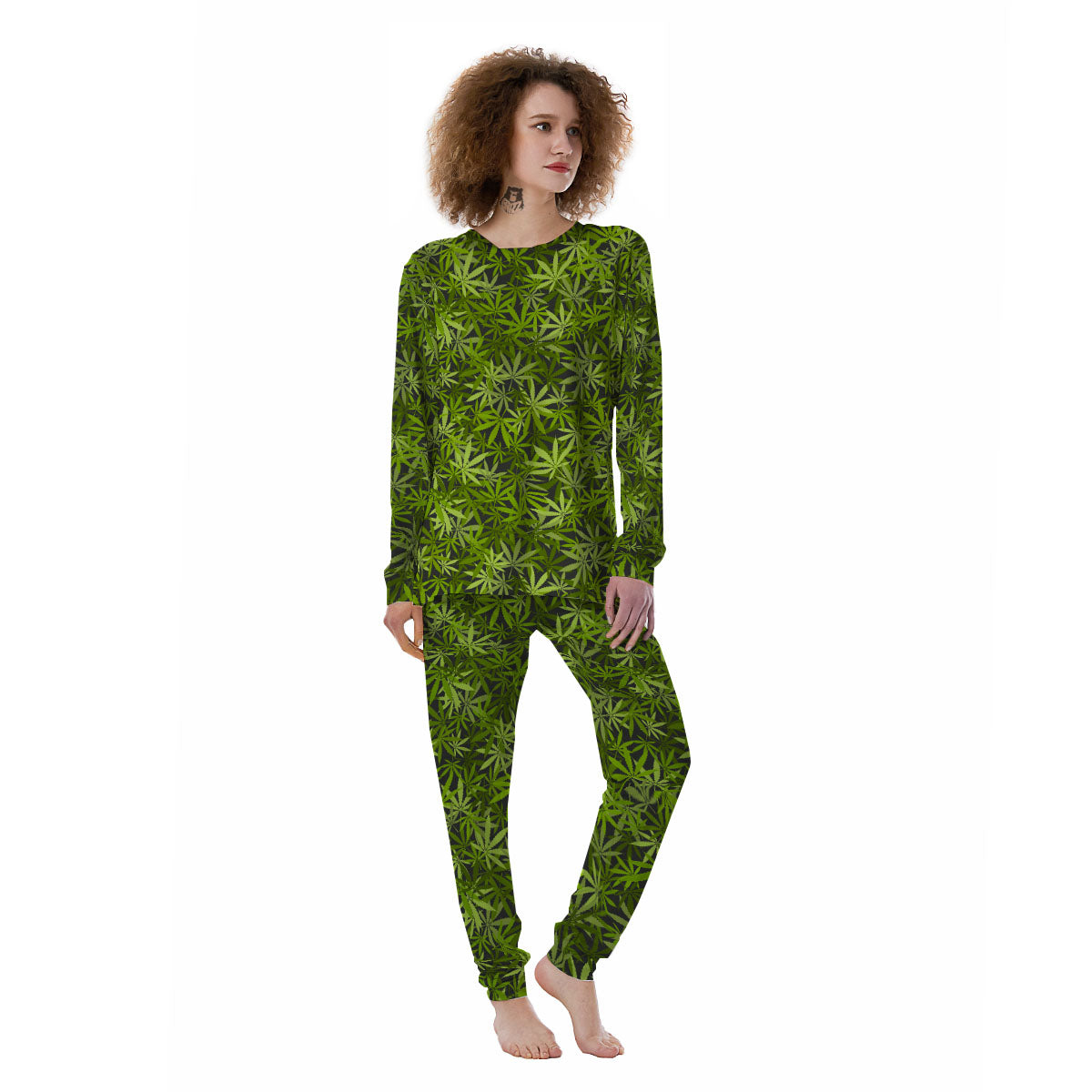Pattern Leaf Marijuana Print Women's Pajamas-grizzshop