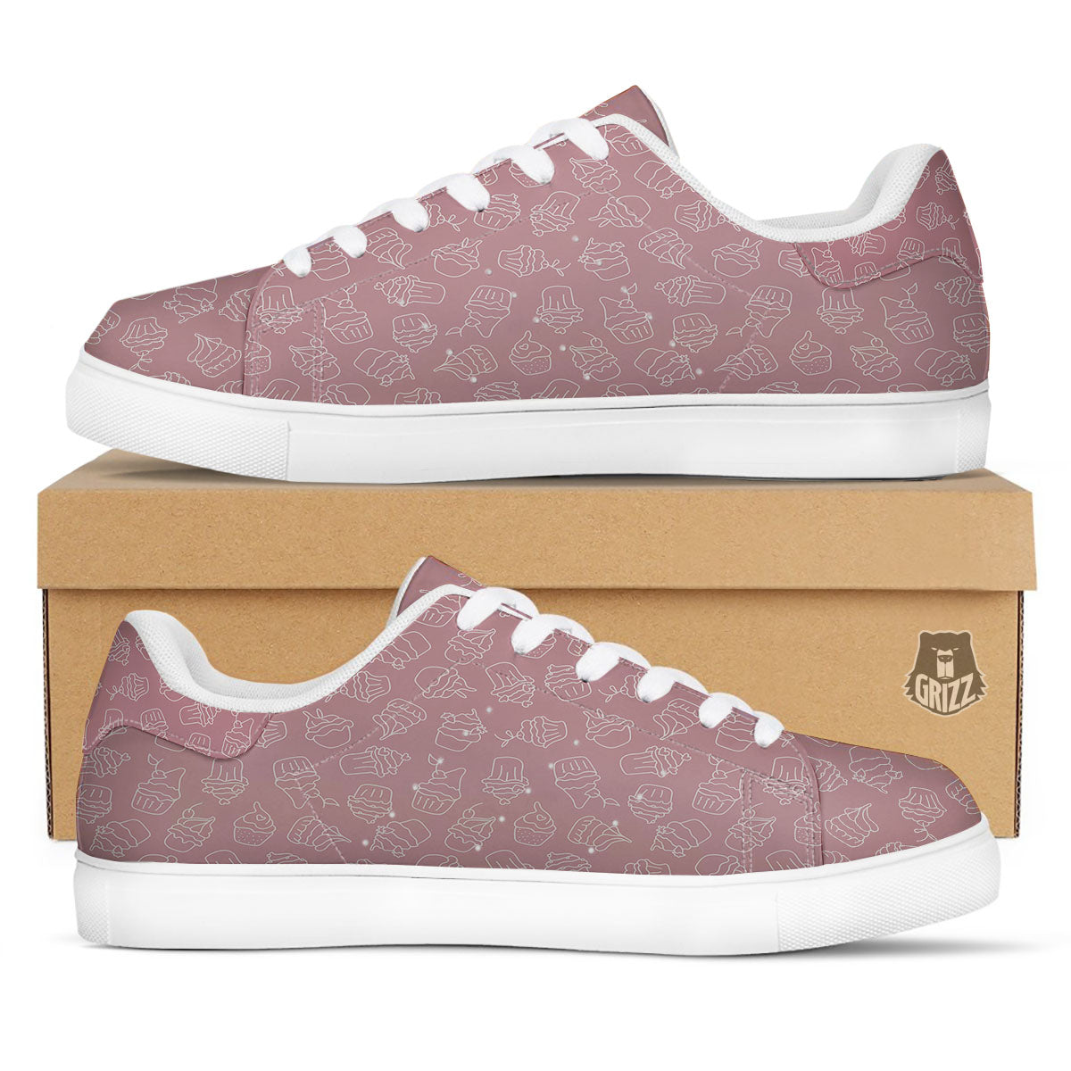 Pattern Mini Cupcake Print White Low Top Sneakers-grizzshop