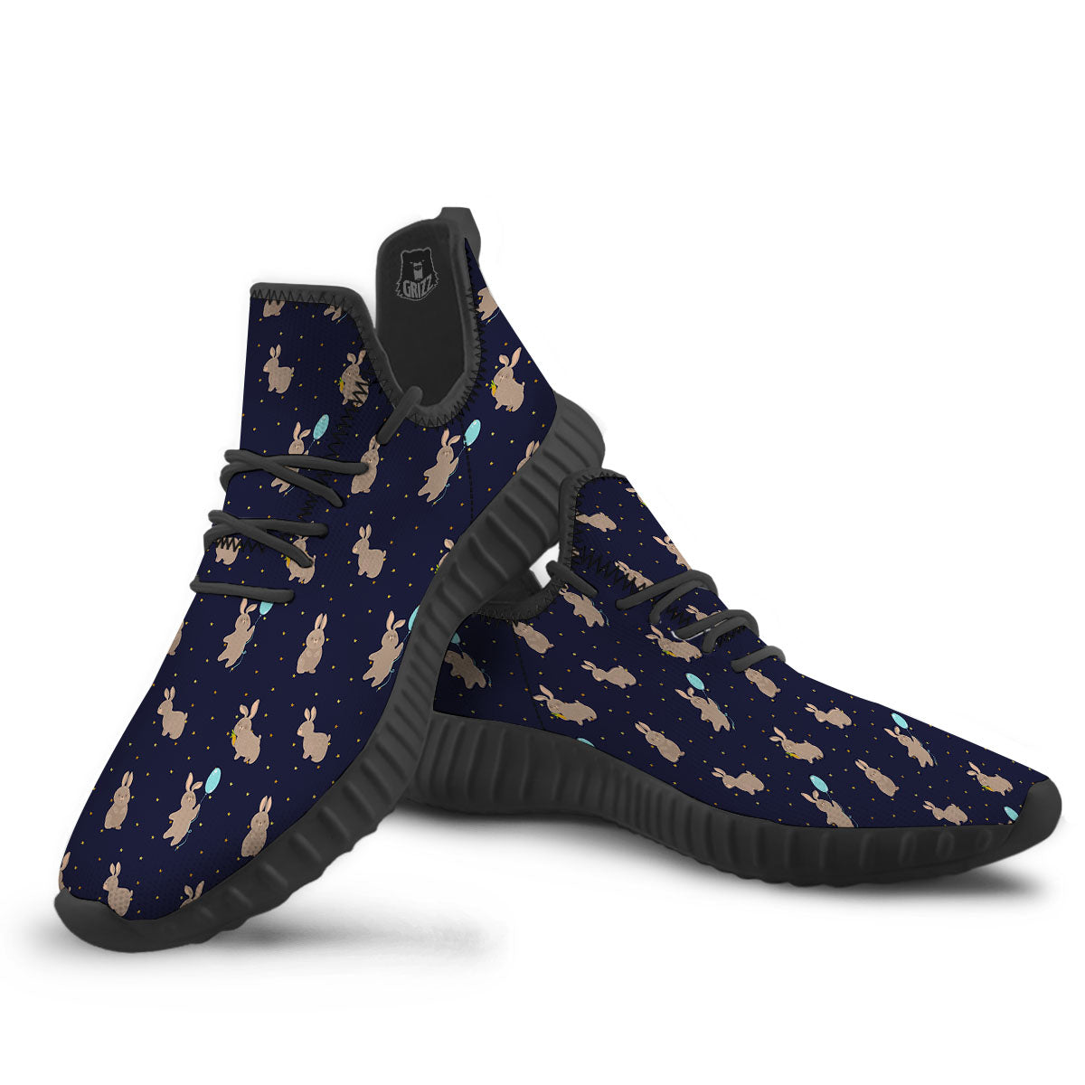 Pattern Mini Rabbit Print Black Walking Shoes-grizzshop