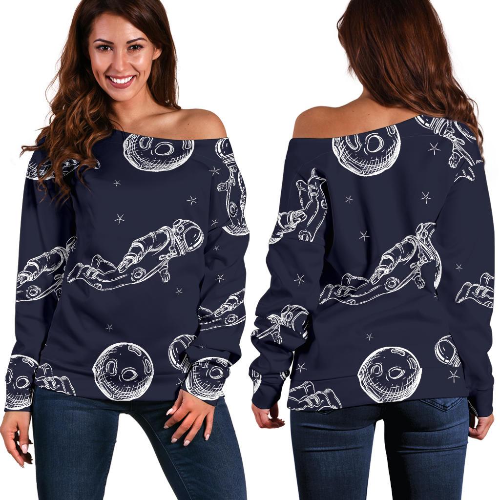 Pattern Print Astronaut Women Off Shoulder Sweatshirt-grizzshop