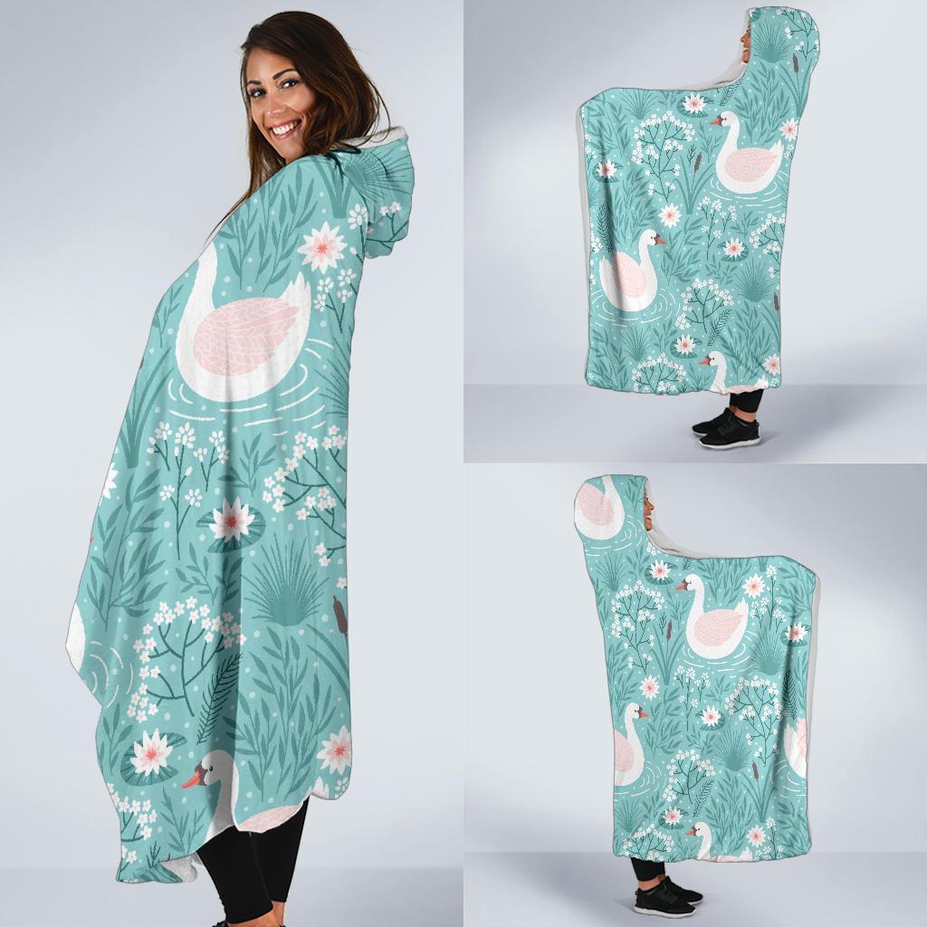 Pattern Print Floral Swan Hooded Blanket-grizzshop