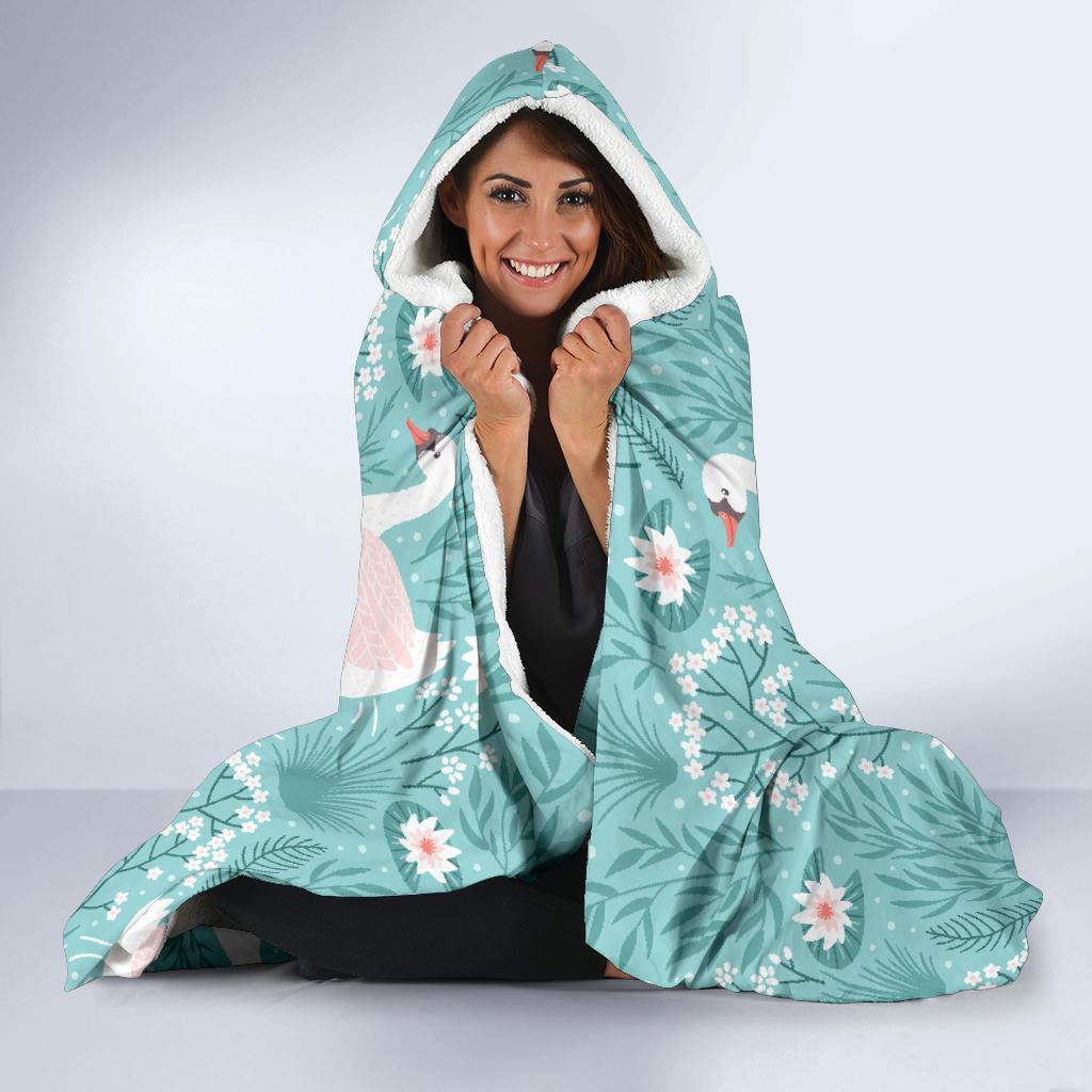 Pattern Print Floral Swan Hooded Blanket-grizzshop