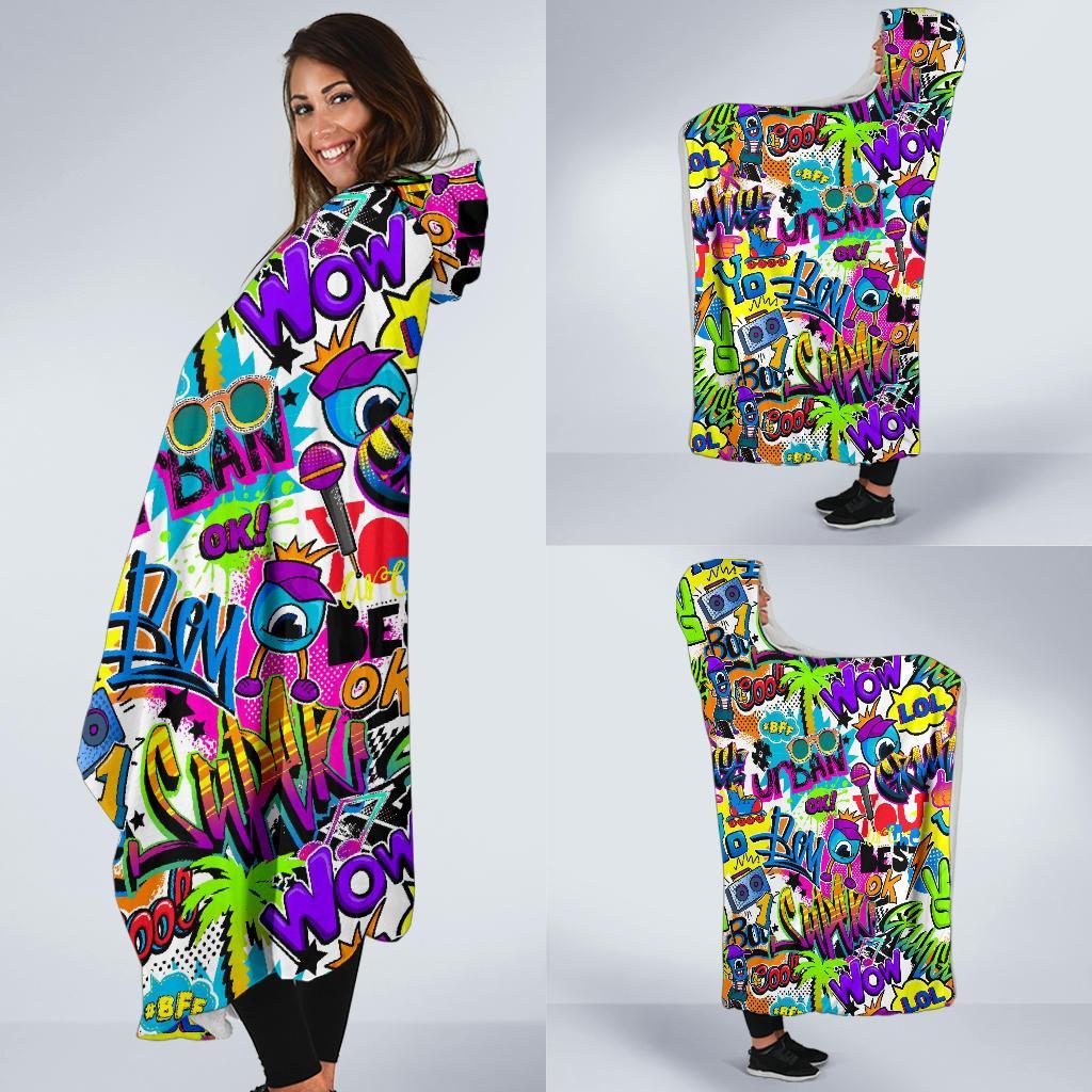 Pattern Print Graffiti Hooded Blanket-grizzshop