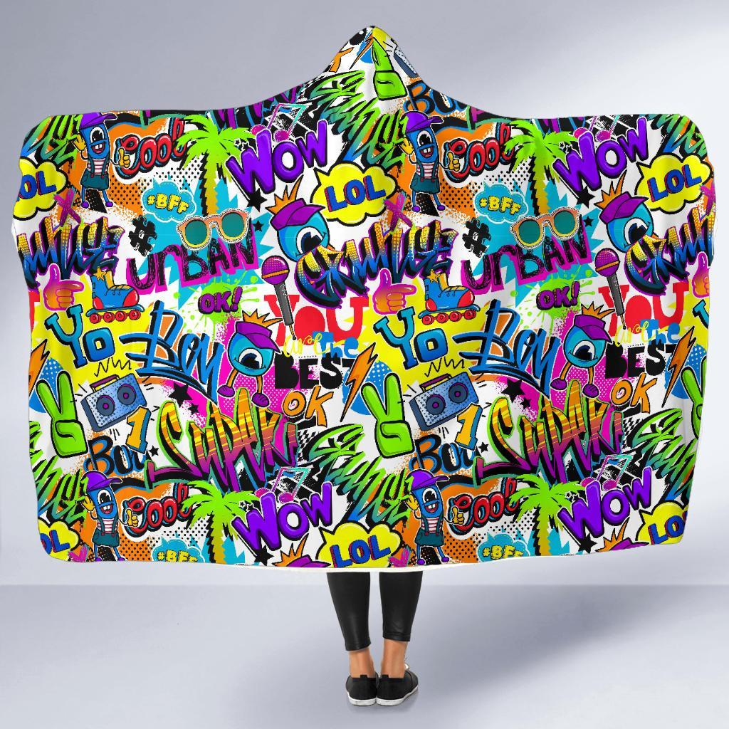 Pattern Print Graffiti Hooded Blanket-grizzshop