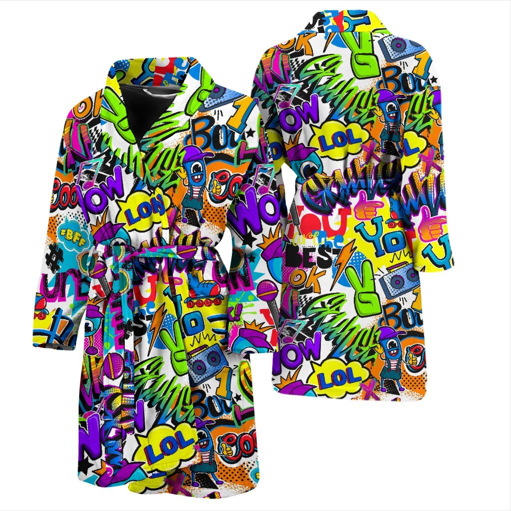 Pattern Print Graffiti Men Long Robe-grizzshop