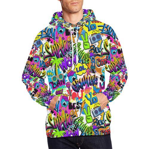 Pattern Print Graffiti Men Pullover Hoodie-grizzshop