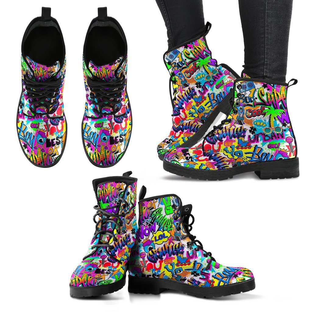 Pattern Print Graffiti Men Women Leather Boots-grizzshop