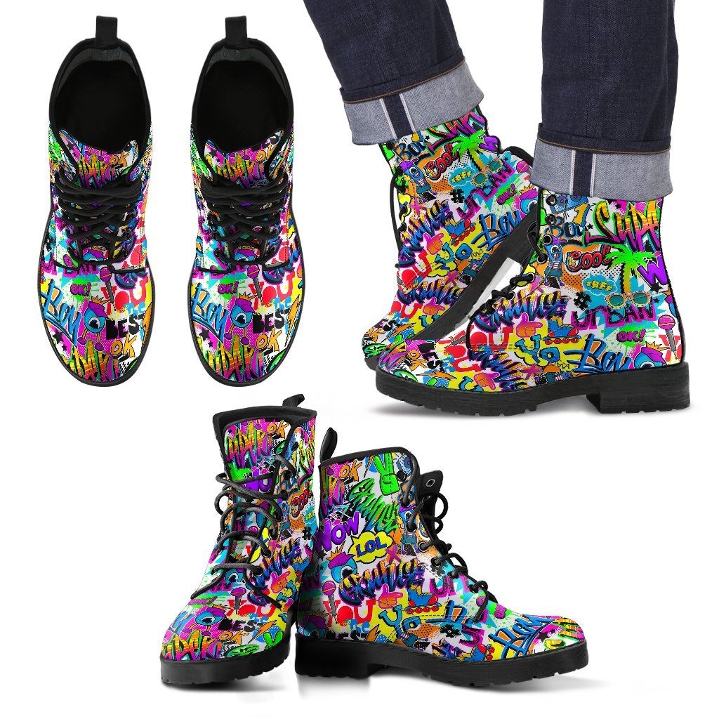 Pattern Print Graffiti Men Women Leather Boots-grizzshop