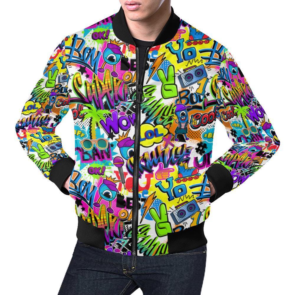 Pattern Print Graffiti Men's Bomber Jacket-grizzshop