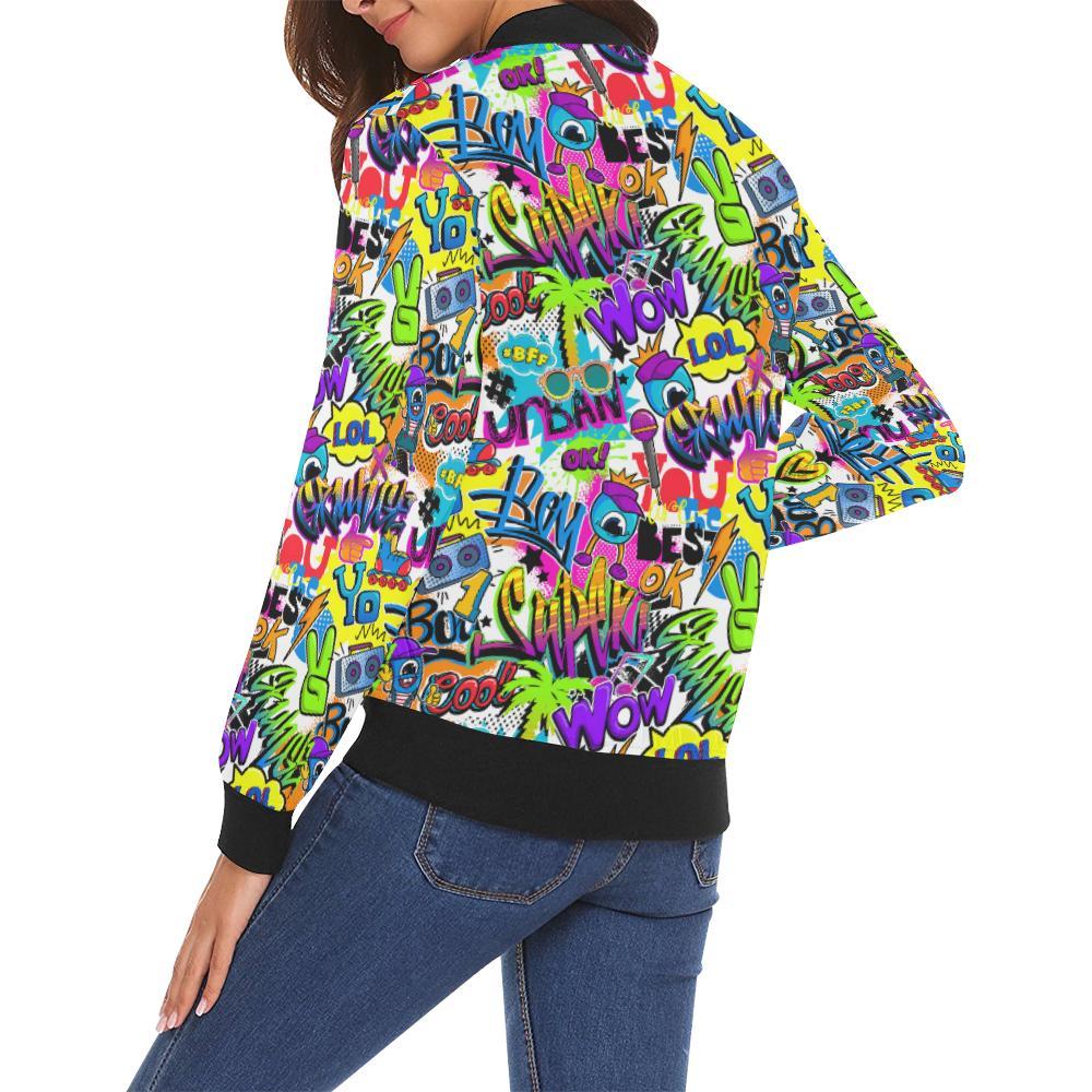 Pattern Print Graffiti Women Casual Bomber Jacket-grizzshop