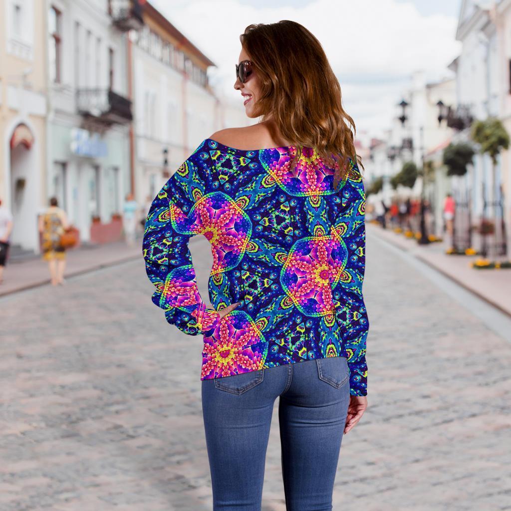 Pattern Print Kaleidoscope Women Off Shoulder Sweatshirt-grizzshop