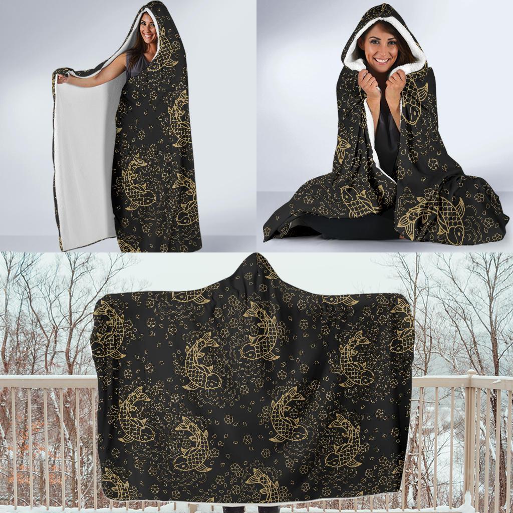 Pattern Print Koi Fish Hooded Blanket-grizzshop