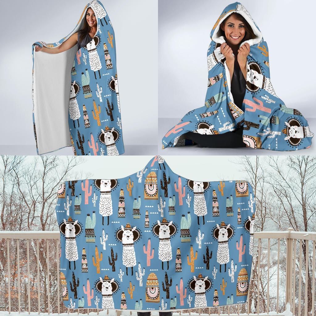 Pattern Print Llama Cactus Hooded Blanket-grizzshop
