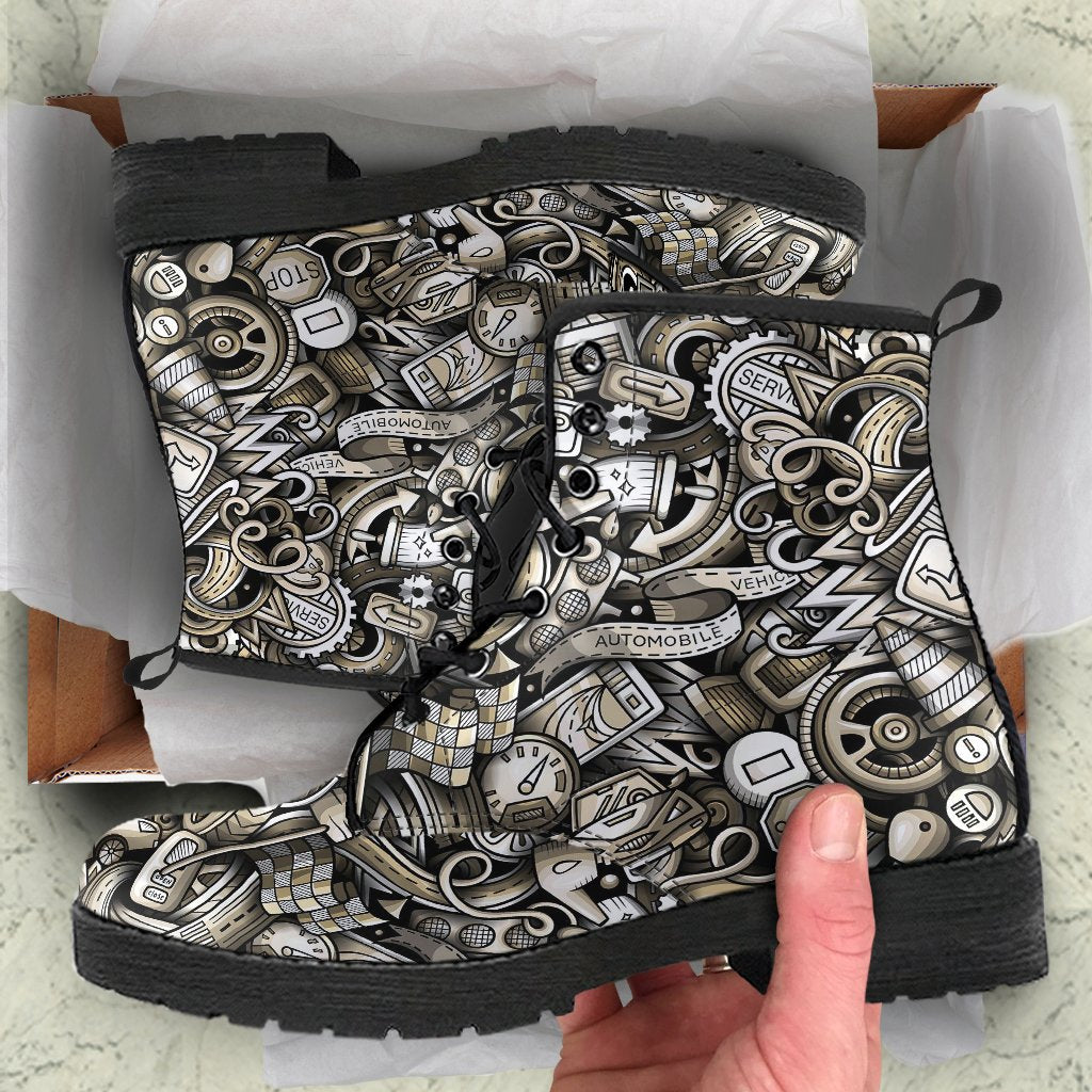 Pattern Print Mechanic Men Women Leather Boots-grizzshop