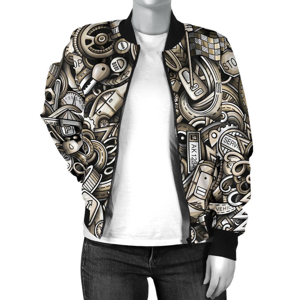 Pattern Print Mechanic Women Casual Bomber Jacket-grizzshop