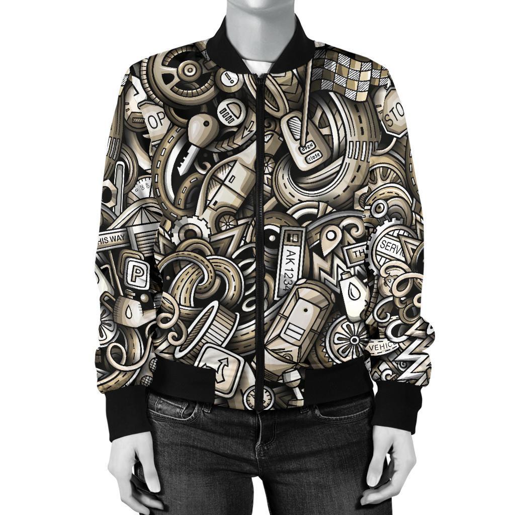 Pattern Print Mechanic Women Casual Bomber Jacket-grizzshop