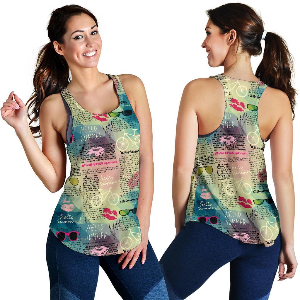 Pattern Print Newspaper Racerback Tank Tops-grizzshop
