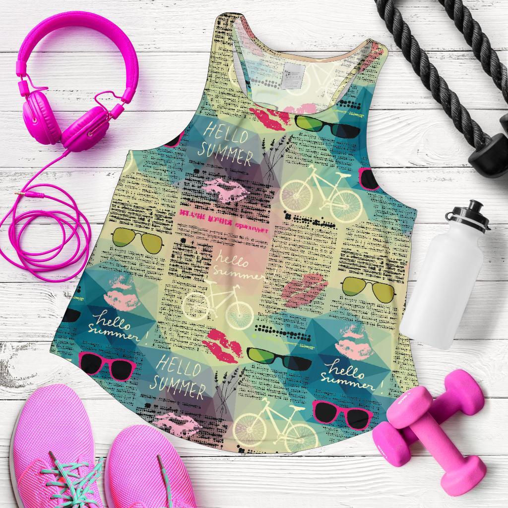 Pattern Print Newspaper Racerback Tank Tops-grizzshop