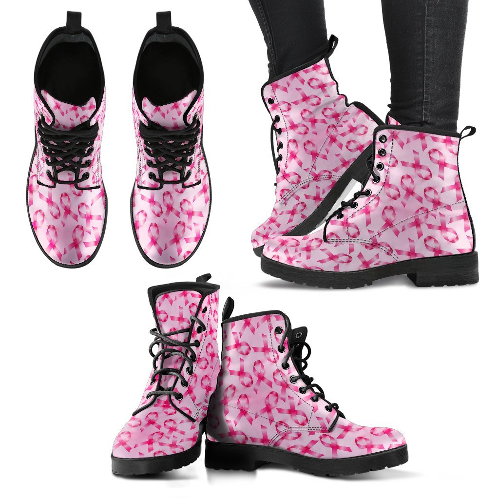 Pattern Print Pink Ribbon Breast Cancer Awareness Men Women Leather Boots-grizzshop