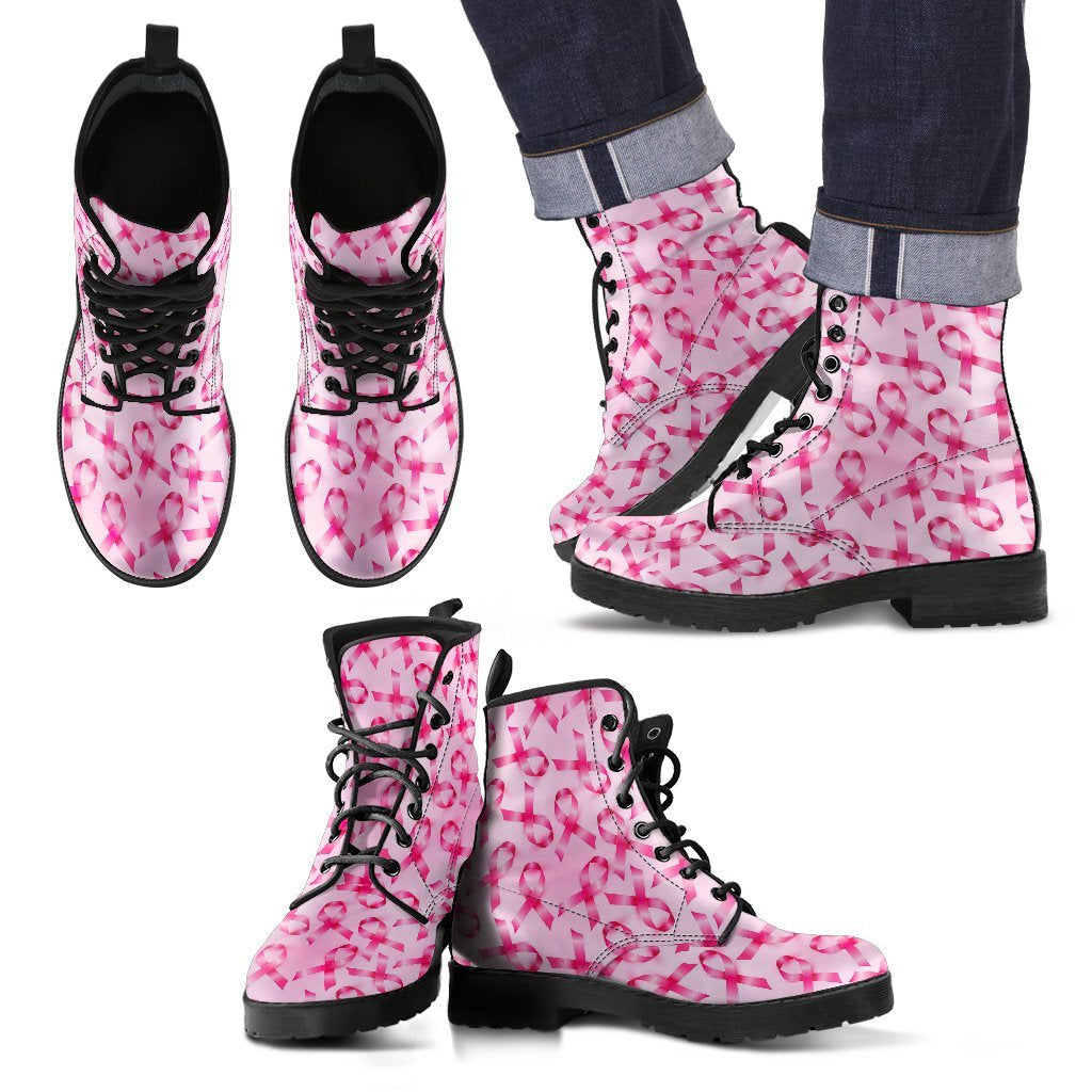 Pattern Print Pink Ribbon Breast Cancer Awareness Men Women Leather Boots-grizzshop