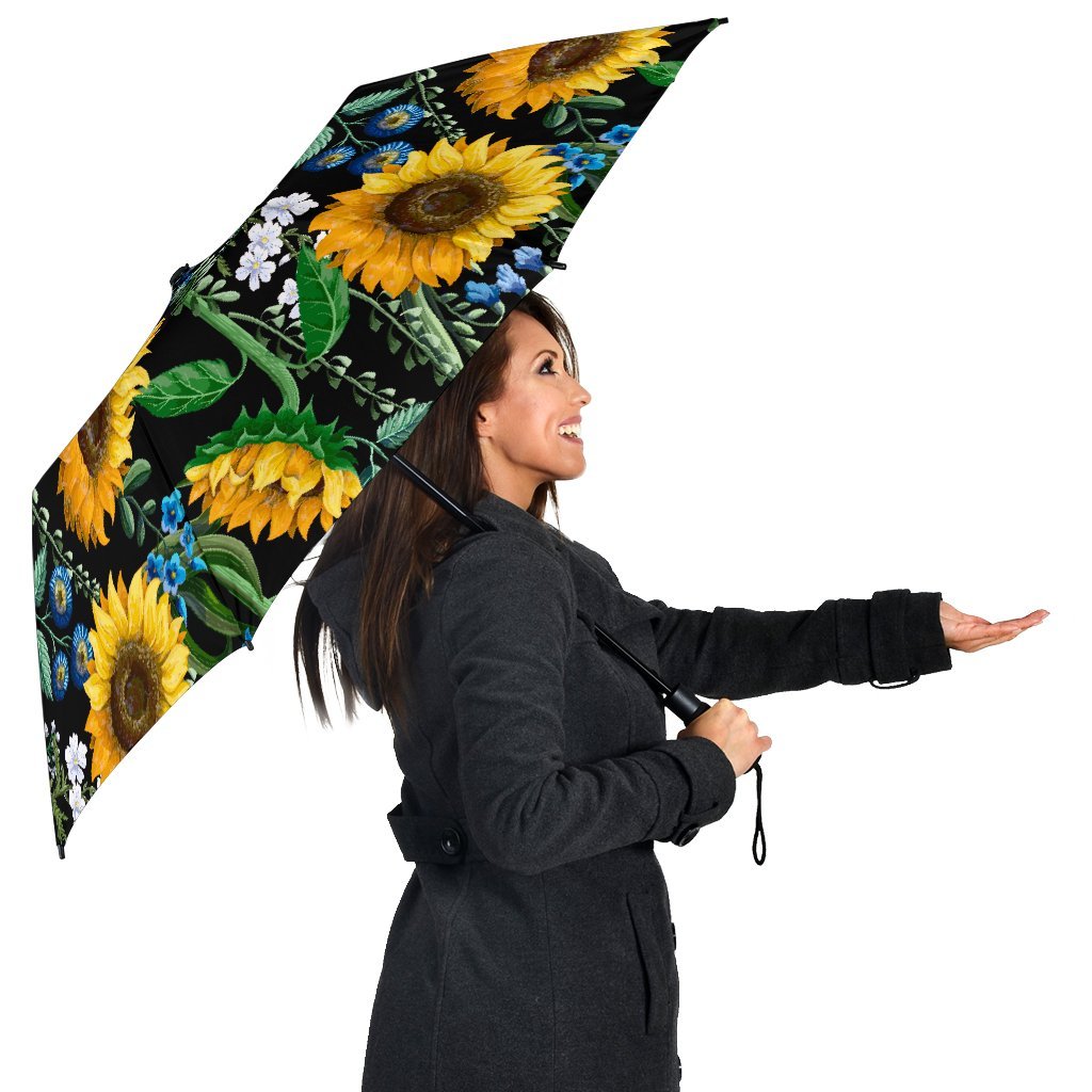Pattern Print Sunflower Cartoon Automatic Foldable Umbrella-grizzshop