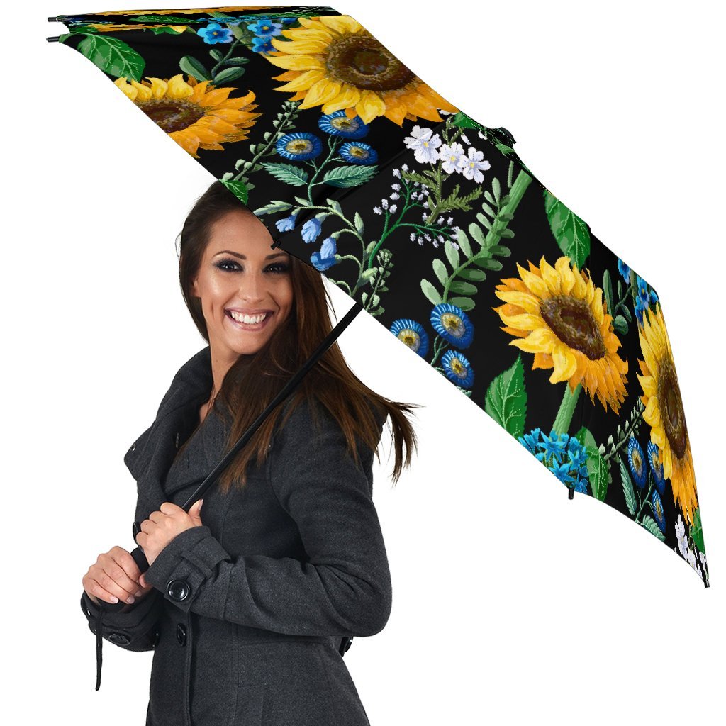 Pattern Print Sunflower Cartoon Automatic Foldable Umbrella-grizzshop