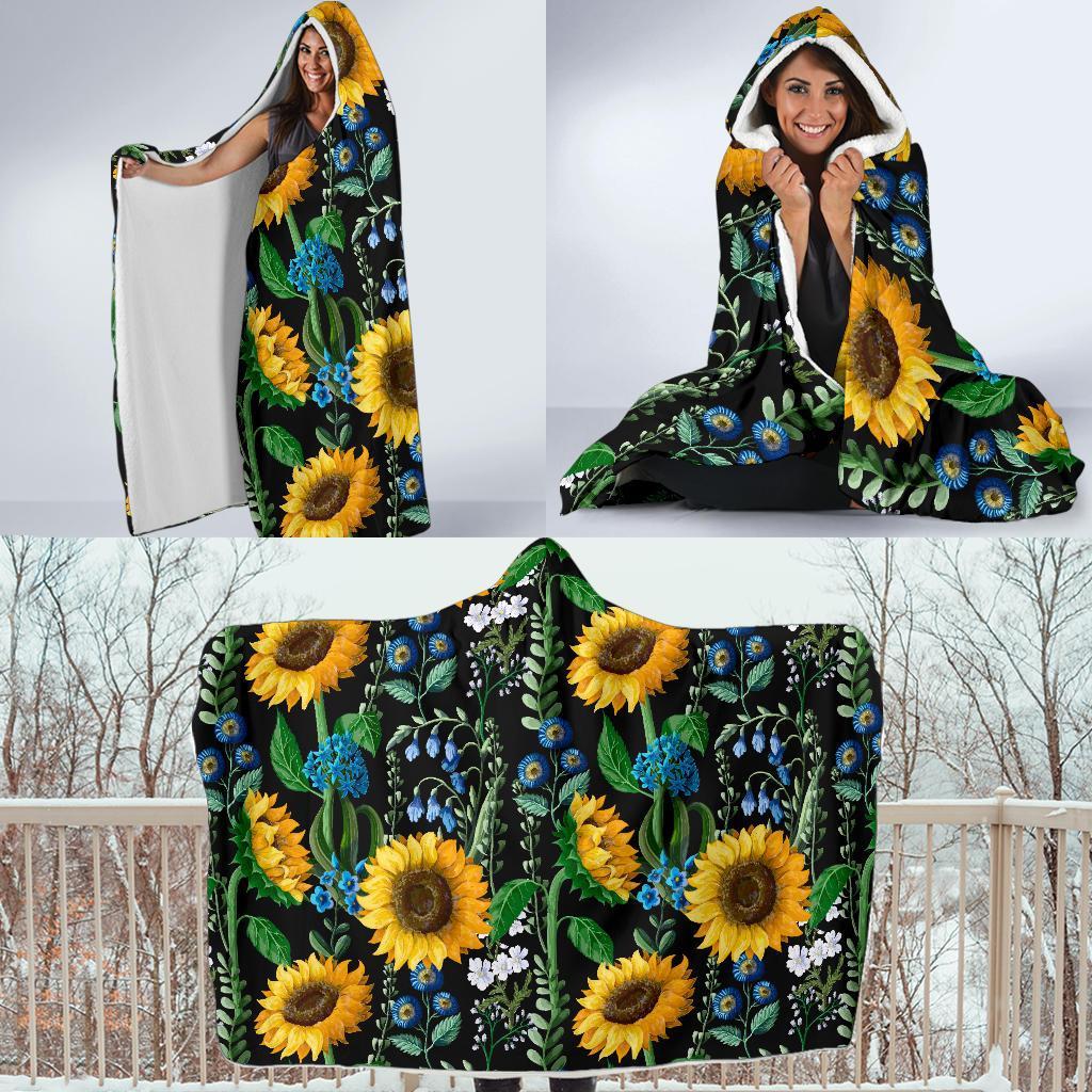 Pattern Print Sunflower Cartoon Hooded Blanket-grizzshop