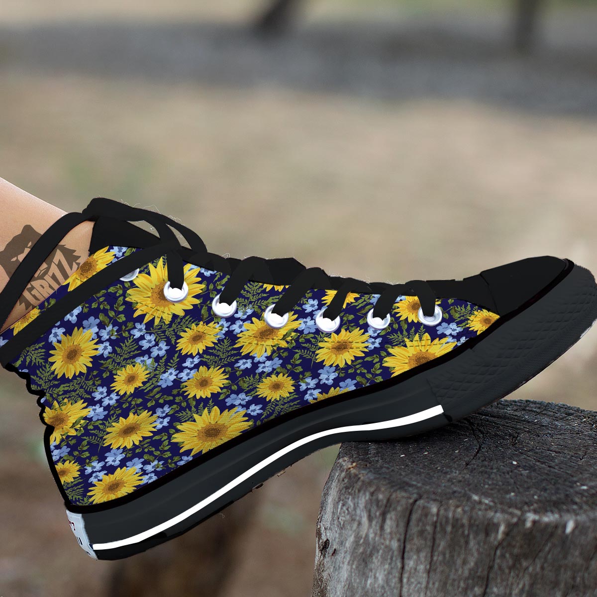 Pattern Sunflower Print Pattern Black High Top Shoes-grizzshop