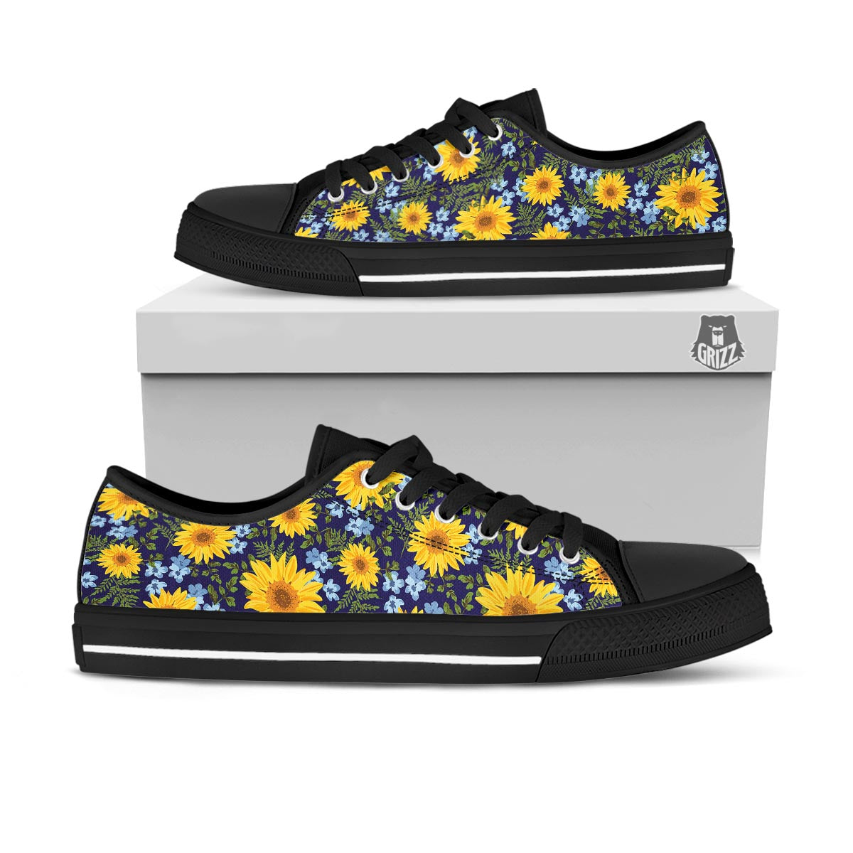 Pattern Sunflower Print Pattern Black Low Top Shoes-grizzshop
