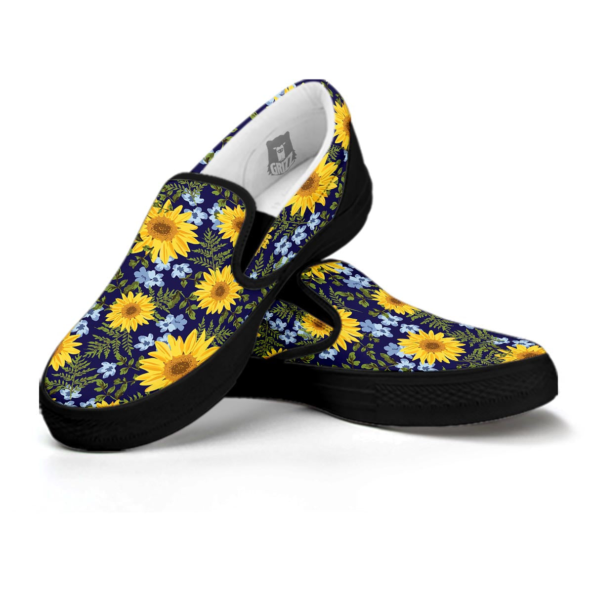 Pattern Sunflower Print Pattern Black Slip On Shoes-grizzshop