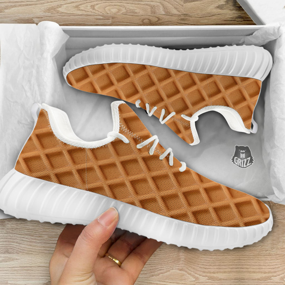 Pattern Waffle Print White Walking Shoes-grizzshop