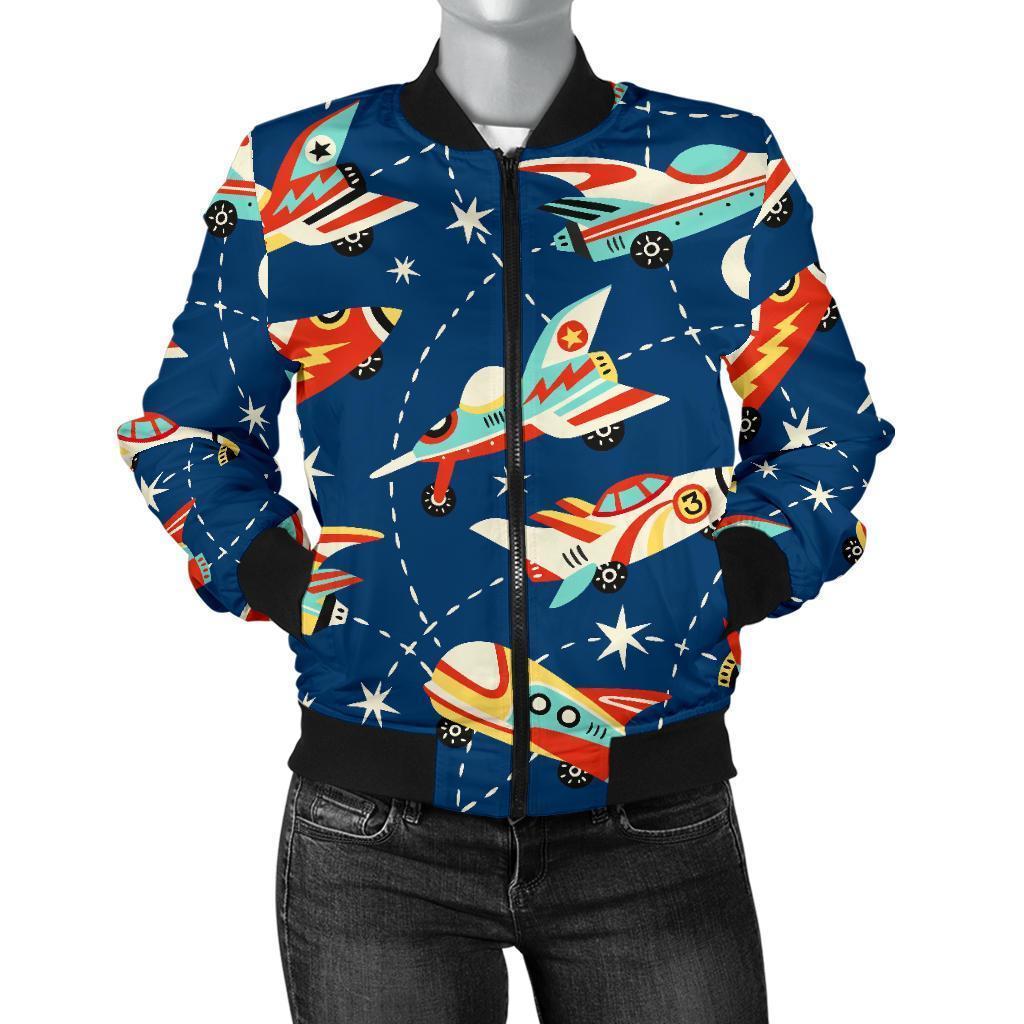 Pattern Airplane Print Women Casual Bomber Jacket-grizzshop