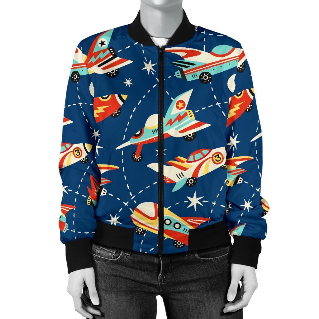 Pattern Airplane Print Women Casual Bomber Jacket-grizzshop