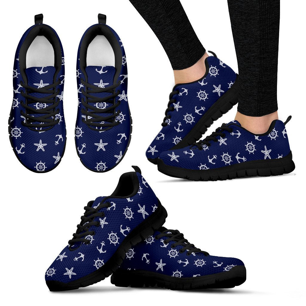 Pattern Print Anchor Nautical Black Sneaker Shoes For Men Women-grizzshop
