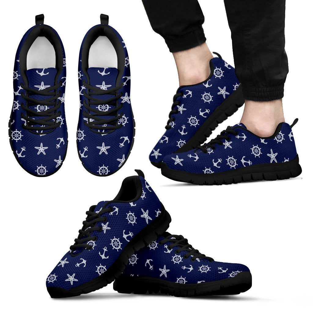 Pattern Print Anchor Nautical Black Sneaker Shoes For Men Women-grizzshop