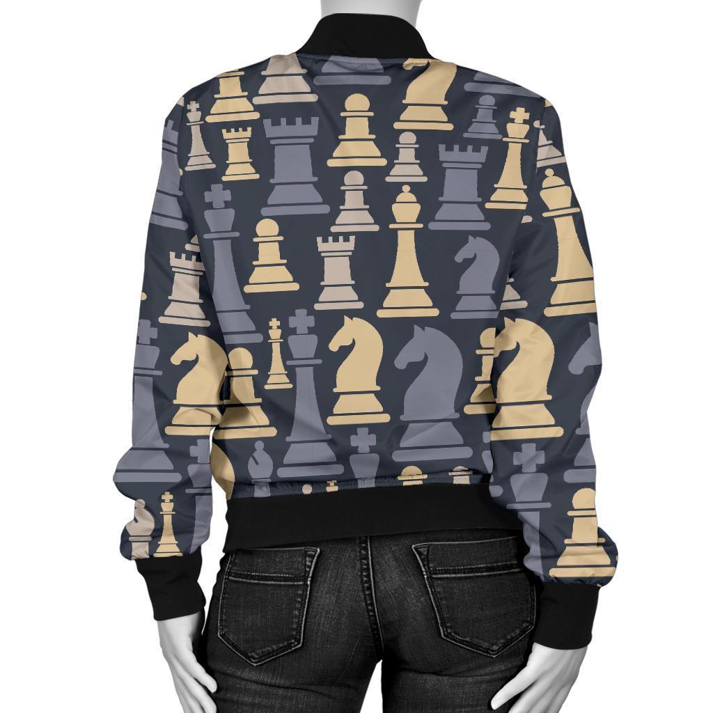 Pattern Print Chess Women Casual Bomber Jacket-grizzshop