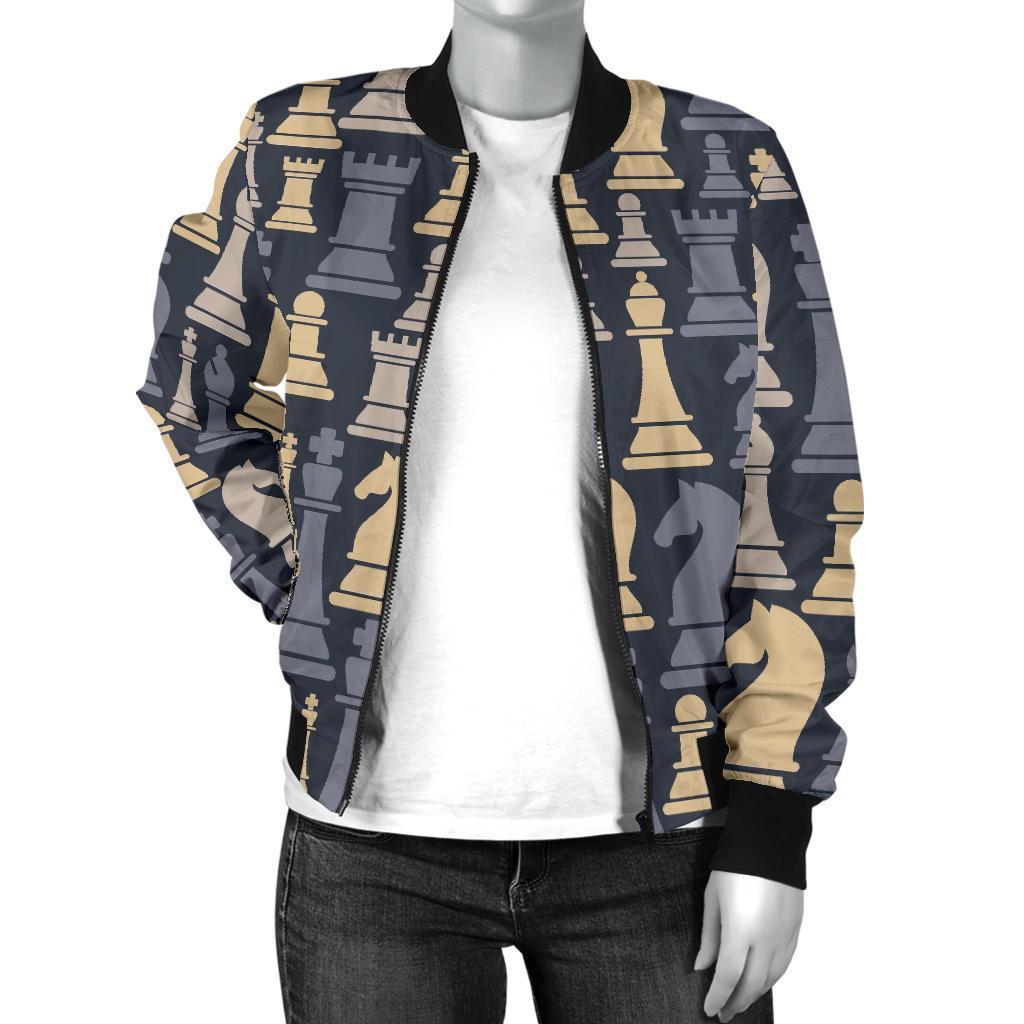 Pattern Print Chess Women Casual Bomber Jacket-grizzshop