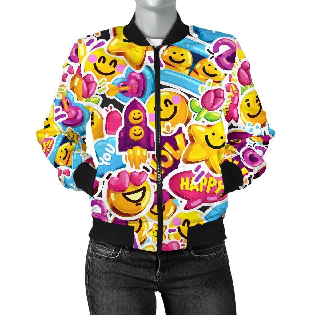Pattern Print Emoji Women Casual Bomber Jacket-grizzshop