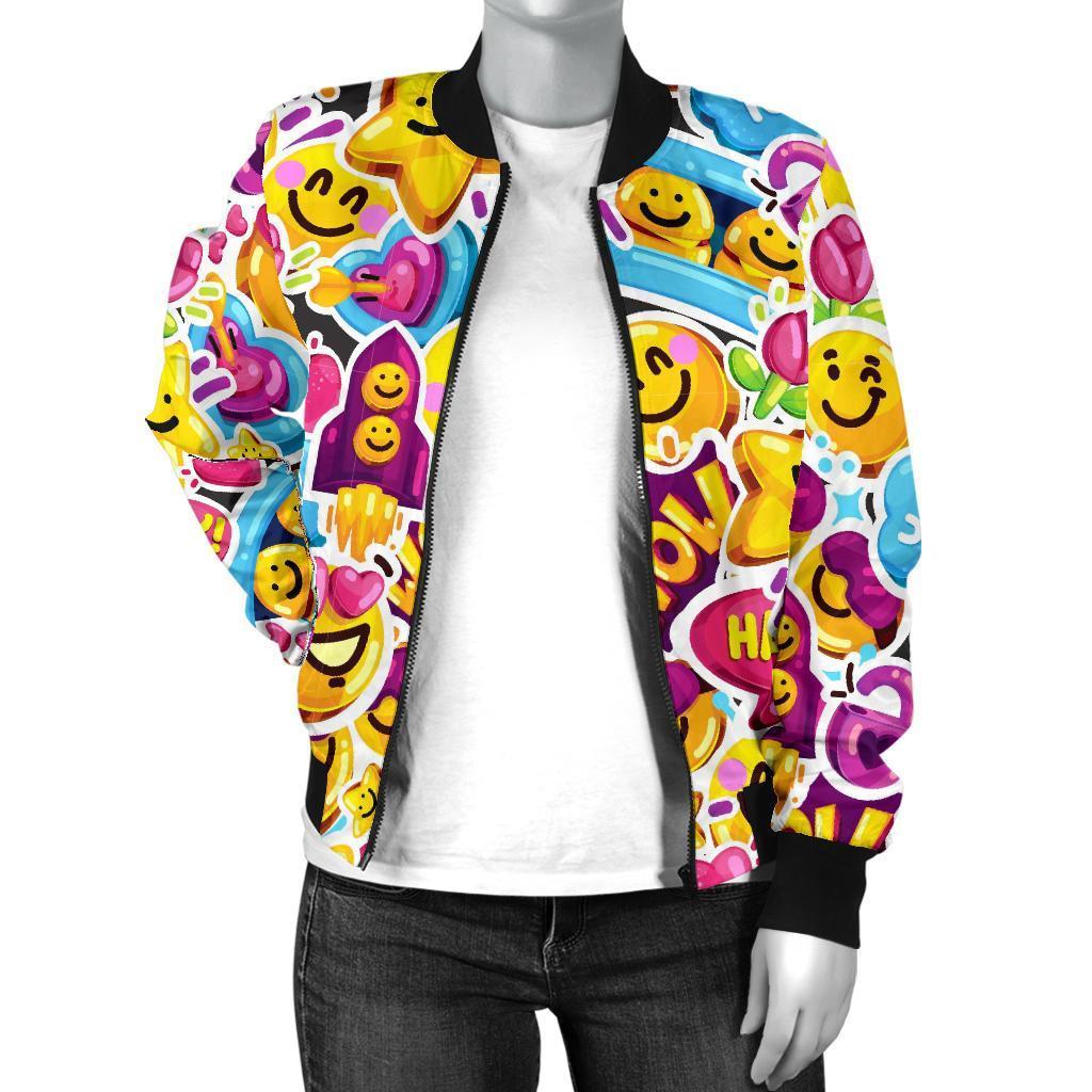 Pattern Print Emoji Women Casual Bomber Jacket-grizzshop