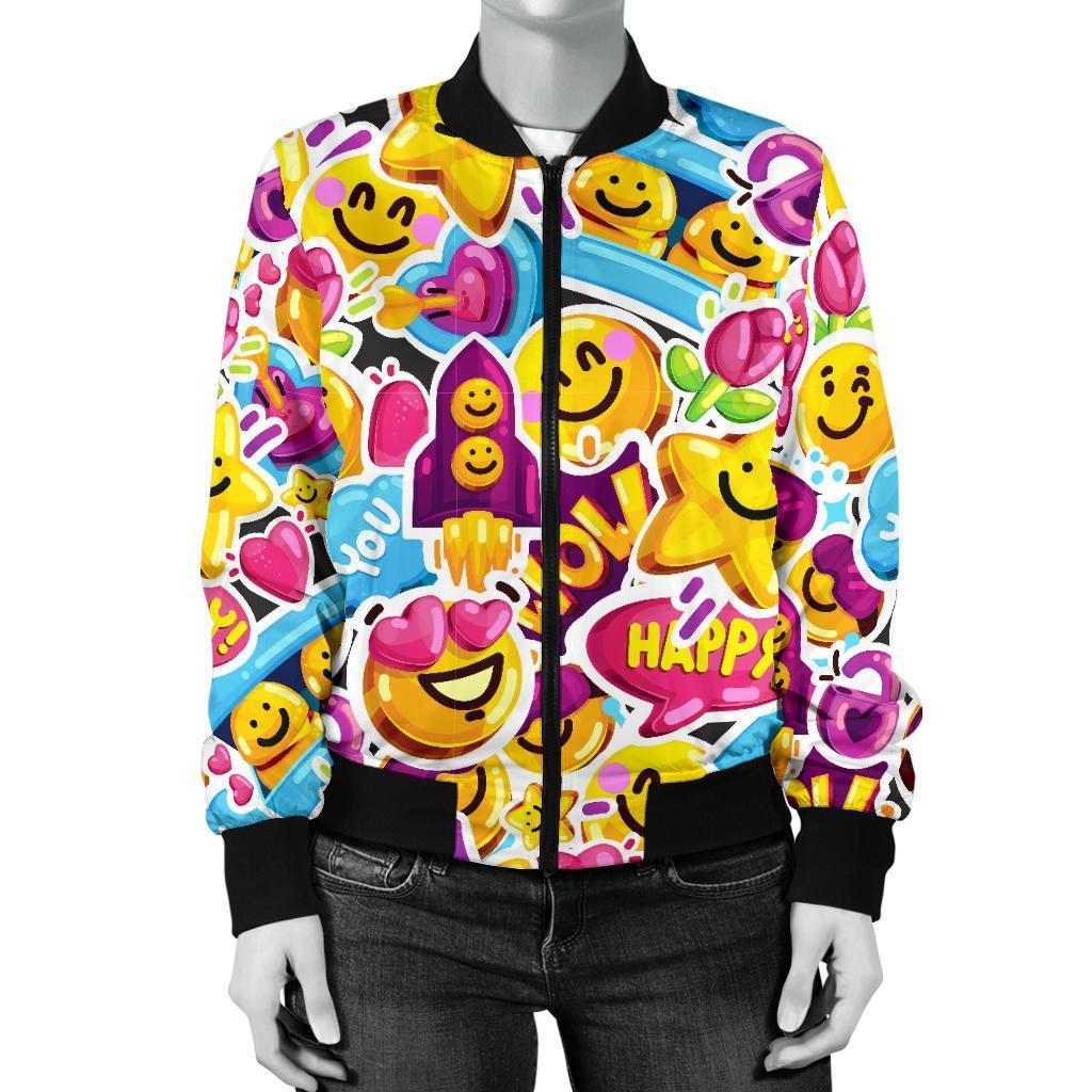 Pattern Print Emoji Women Casual Bomber Jacket-grizzshop